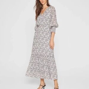 New Club Monaco Gray and White smocked cuff Dress maxi